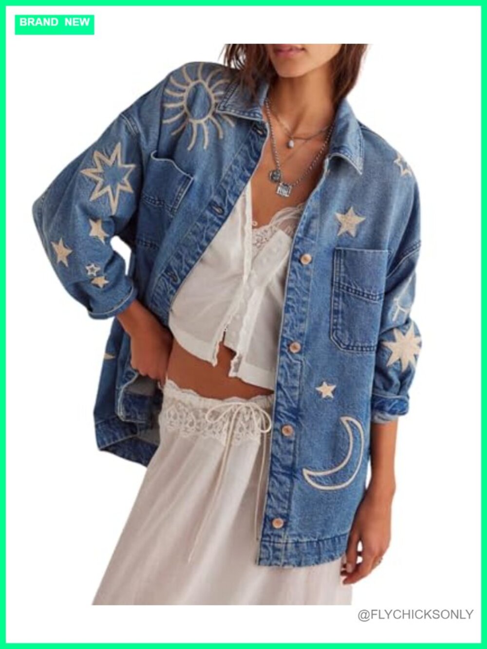 Womens Oversized Embroidered Denim Jacket Loose Fit Button Down Jean Coat